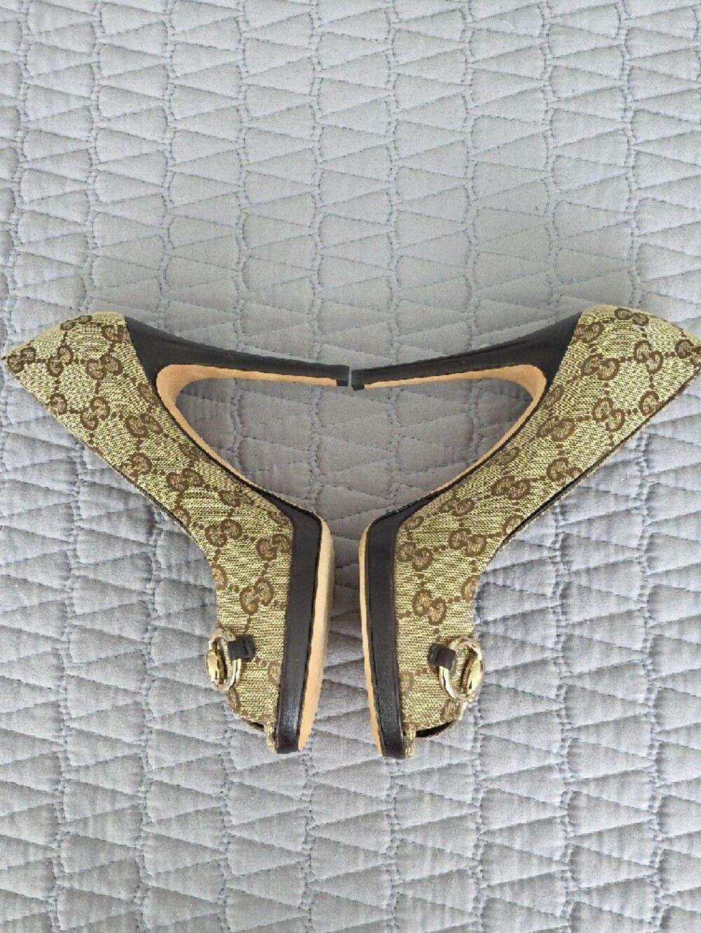 Gucci Brown GG Canvas Peep-Toe Heels with Gold Horsebit - Picture 3 of 12